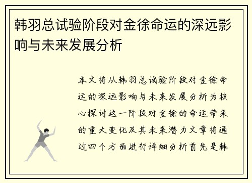 韩羽总试验阶段对金徐命运的深远影响与未来发展分析