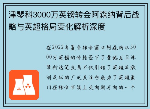 津琴科3000万英镑转会阿森纳背后战略与英超格局变化解析深度