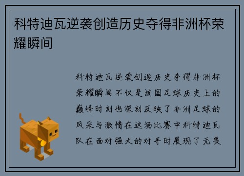 科特迪瓦逆袭创造历史夺得非洲杯荣耀瞬间