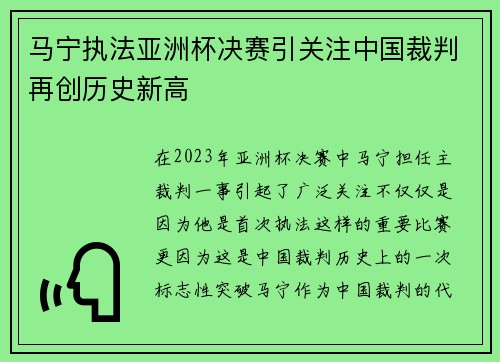 马宁执法亚洲杯决赛引关注中国裁判再创历史新高